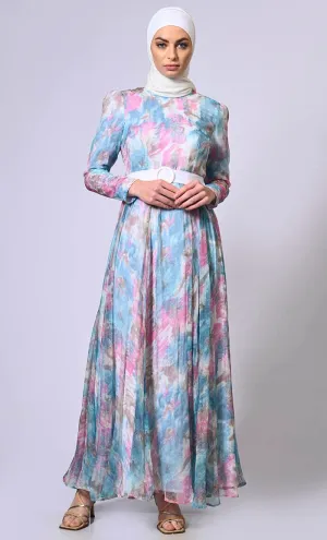 Artistic Flair: Printed Flared Abaya with Belt  - Final Sale