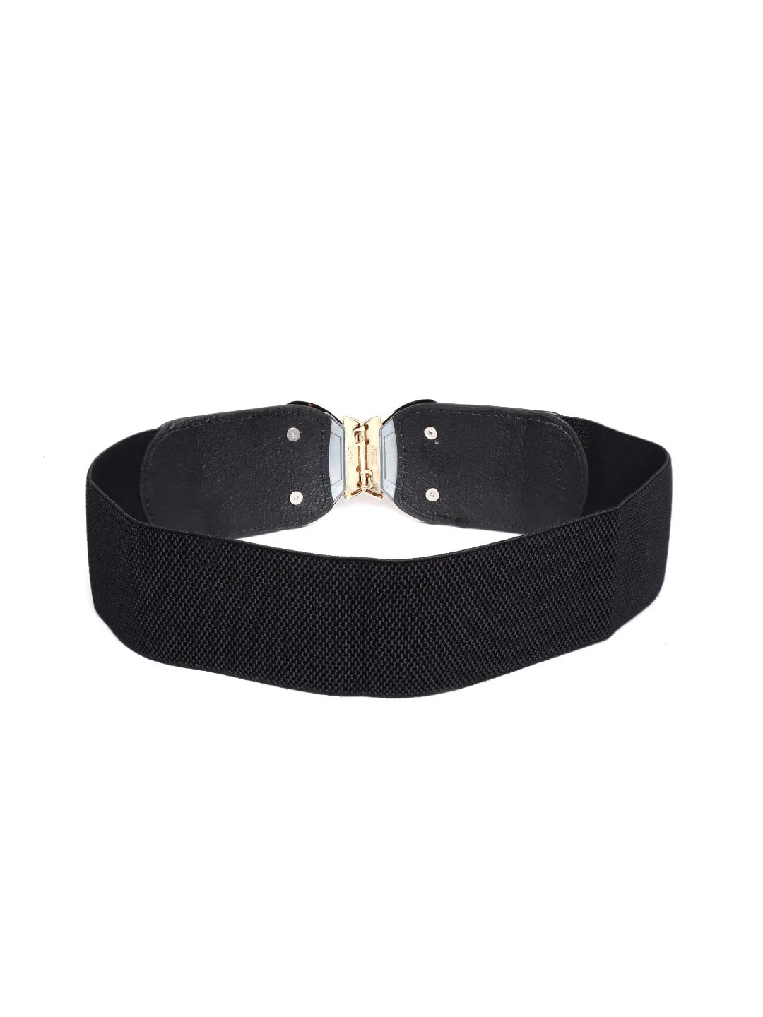 Berrylush Women Black Elastic Strap Metallic Bow Buckle Belt