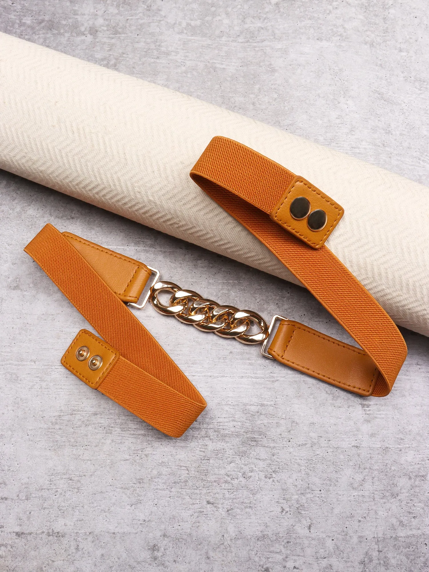 Berrylush Women Solid Brown Golden Chain Embellished PU Nylon Snap-Button Regular Belt