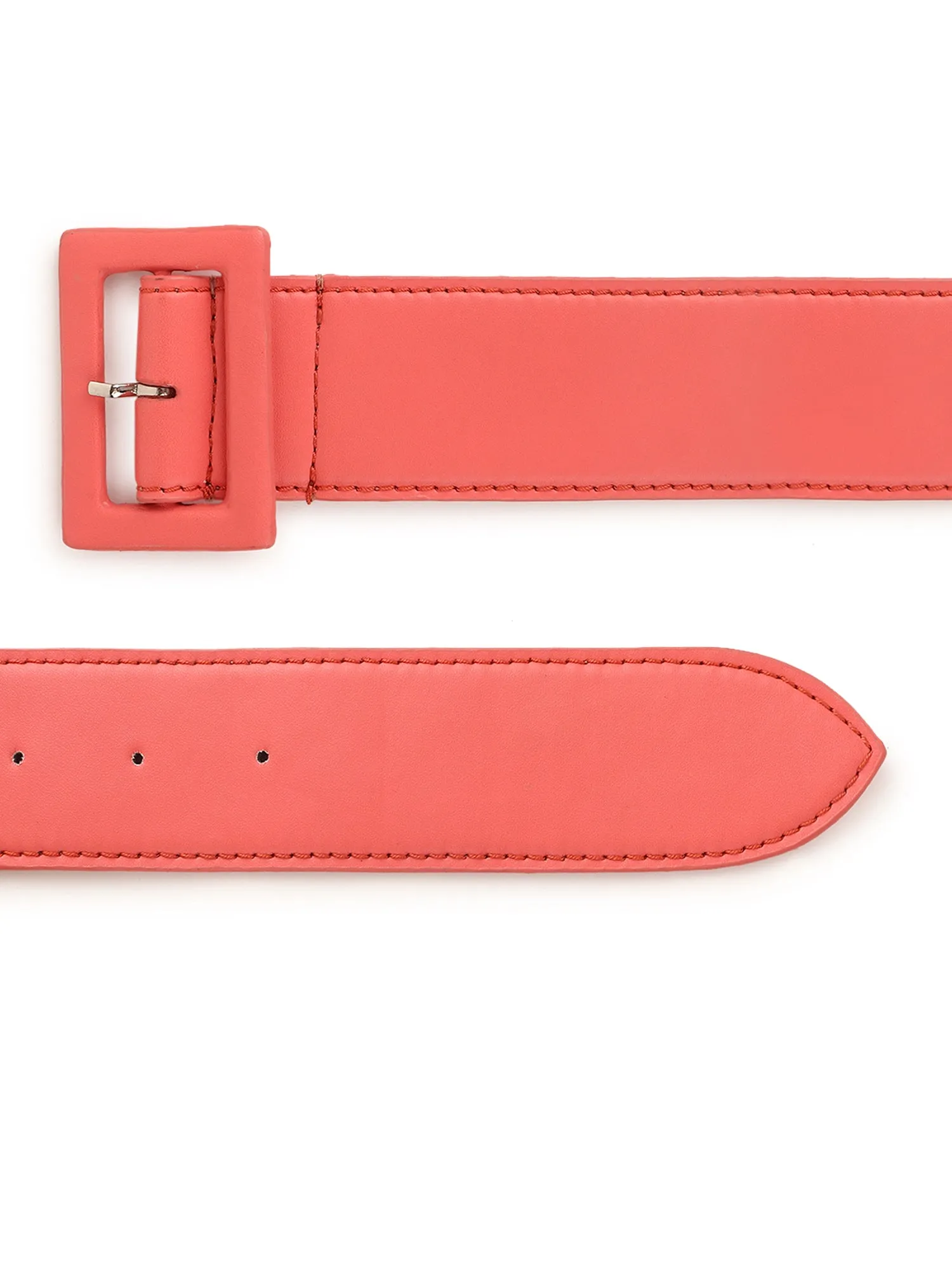 Berrylush Women Solid Red Synthetic Leather Slider Buckle Stitched Slim Belt