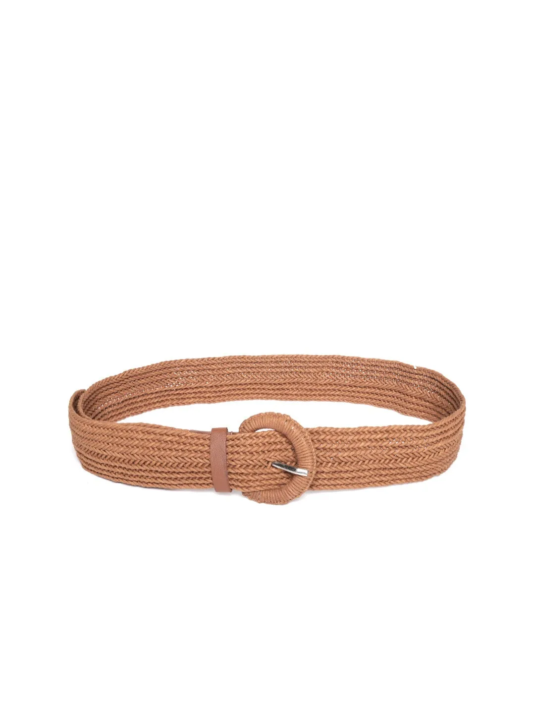 Berrylush Women Tan Brown Braide Textured Buckle PU Belt