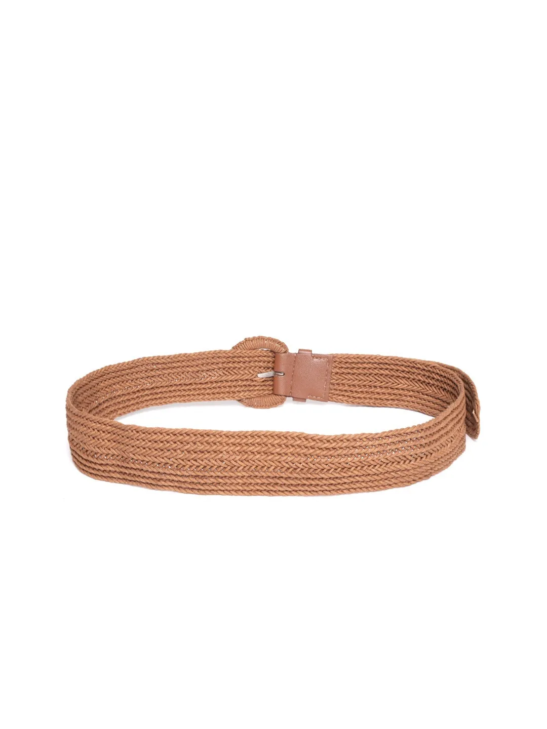 Berrylush Women Tan Brown Braide Textured Buckle PU Belt