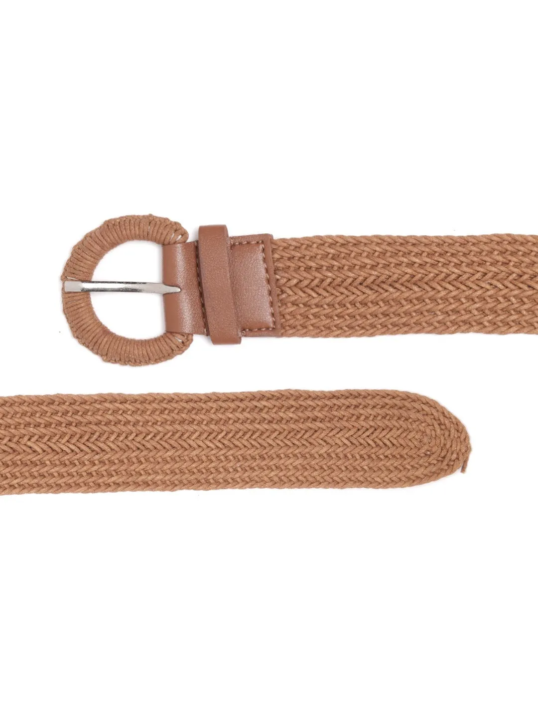 Berrylush Women Tan Brown Braide Textured Buckle PU Belt