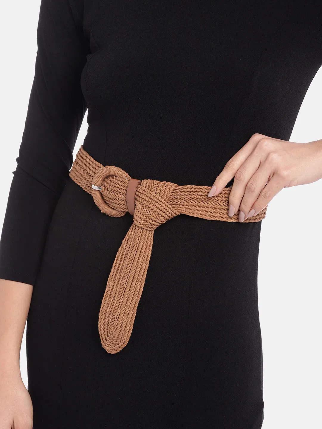 Berrylush Women Tan Brown Braide Textured Buckle PU Belt