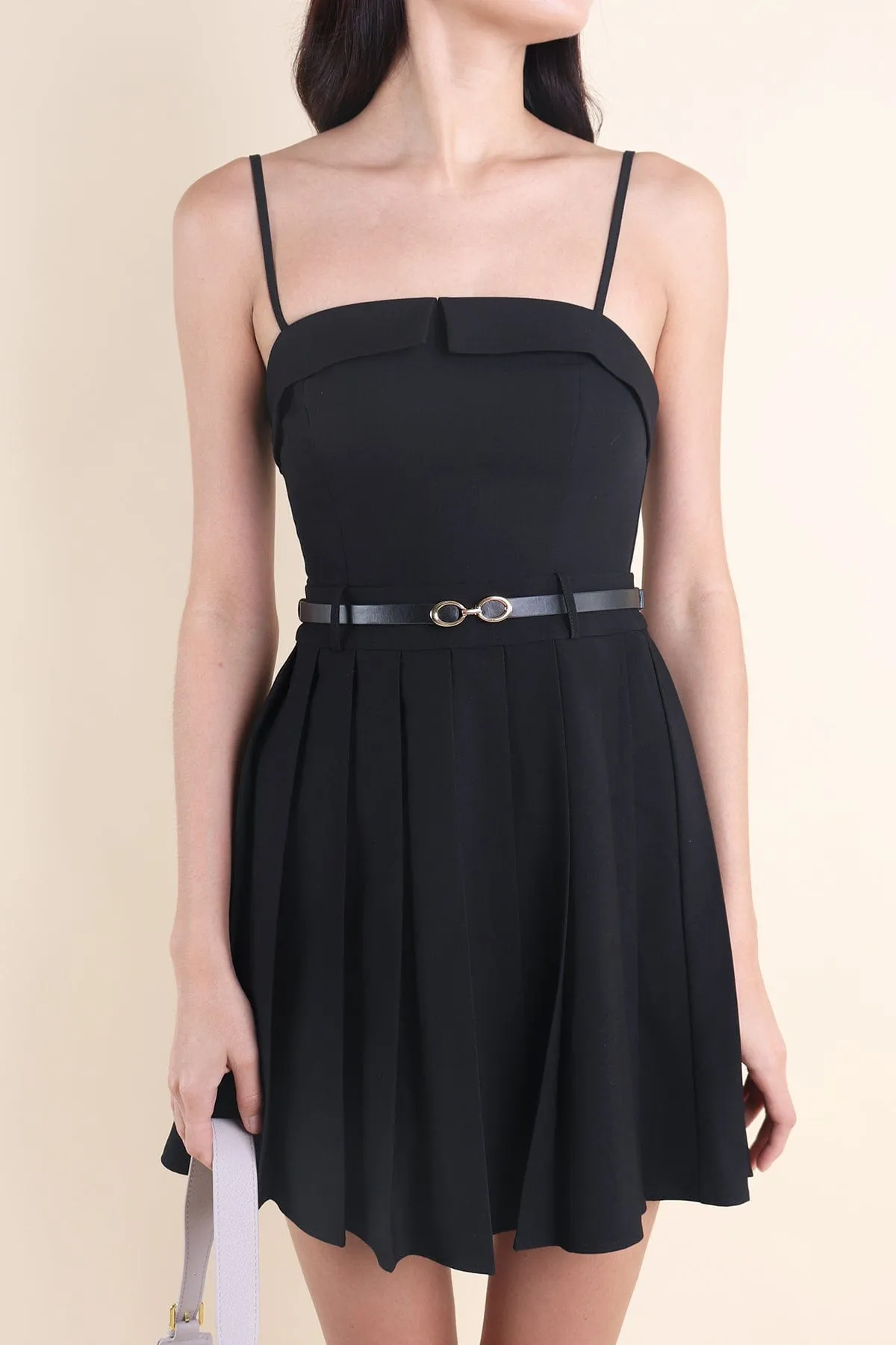 BERT PLEATED CAMI DRESS IN BLACK