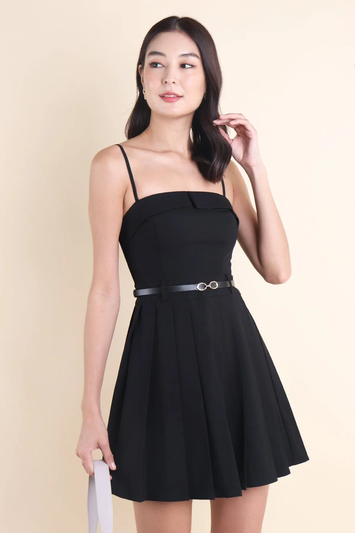 BERT PLEATED CAMI DRESS IN BLACK