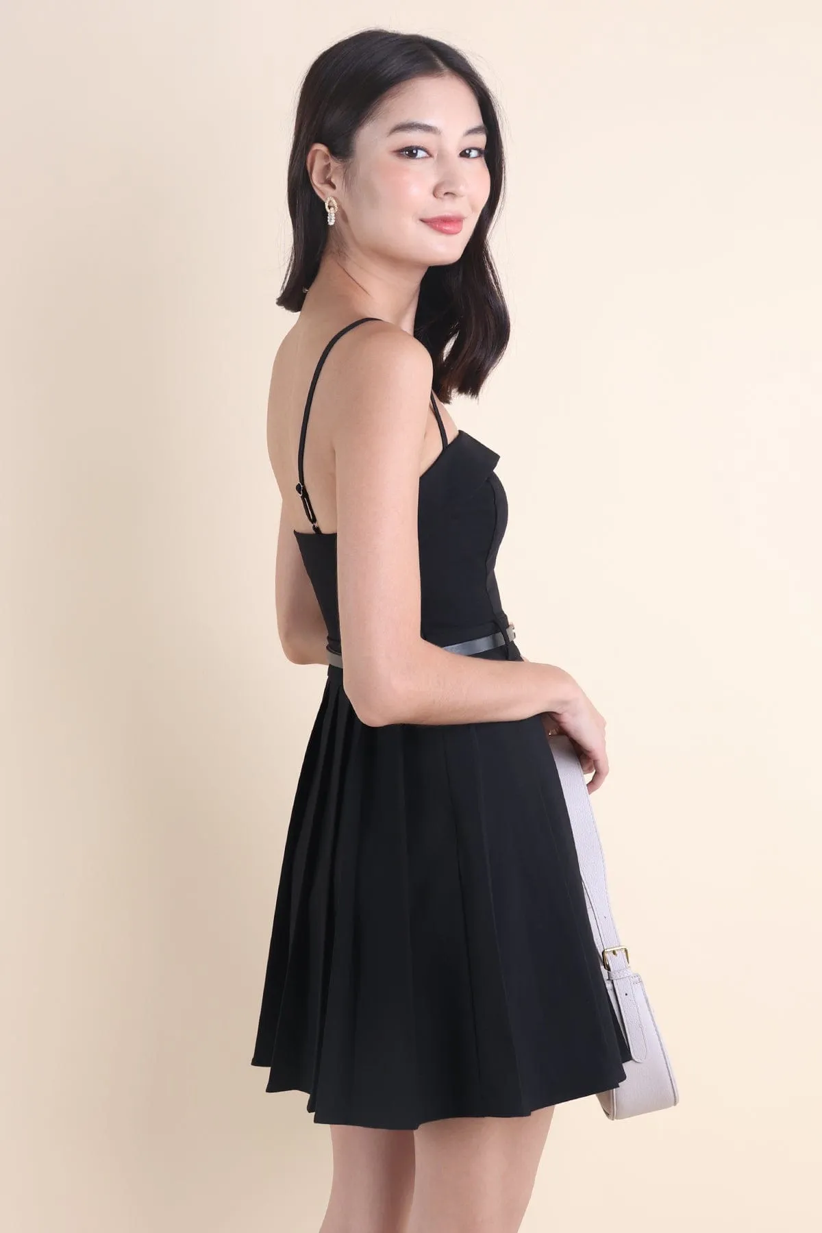 BERT PLEATED CAMI DRESS IN BLACK