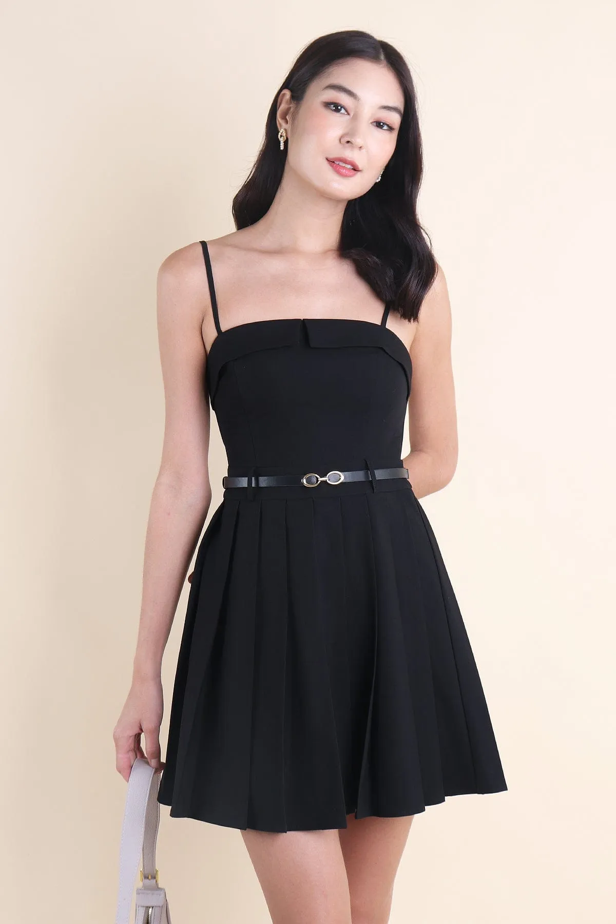 BERT PLEATED CAMI DRESS IN BLACK