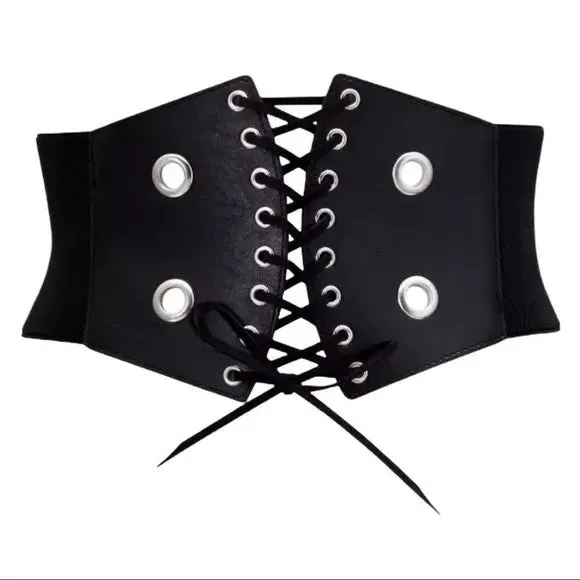 Black Lace Up Wide Corset Belt