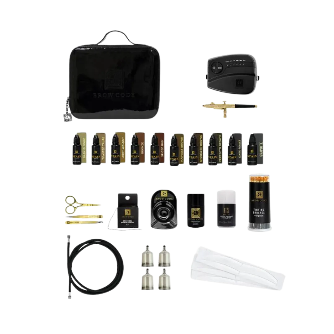 BROW CODE - Professional Stain Hybrid Kit with Airbrush machine, Eyebrow stencils & liquid developer