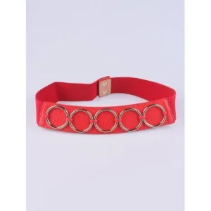 Coat Wear Tiered Matel Ring Buckle Stretch Belt - Red