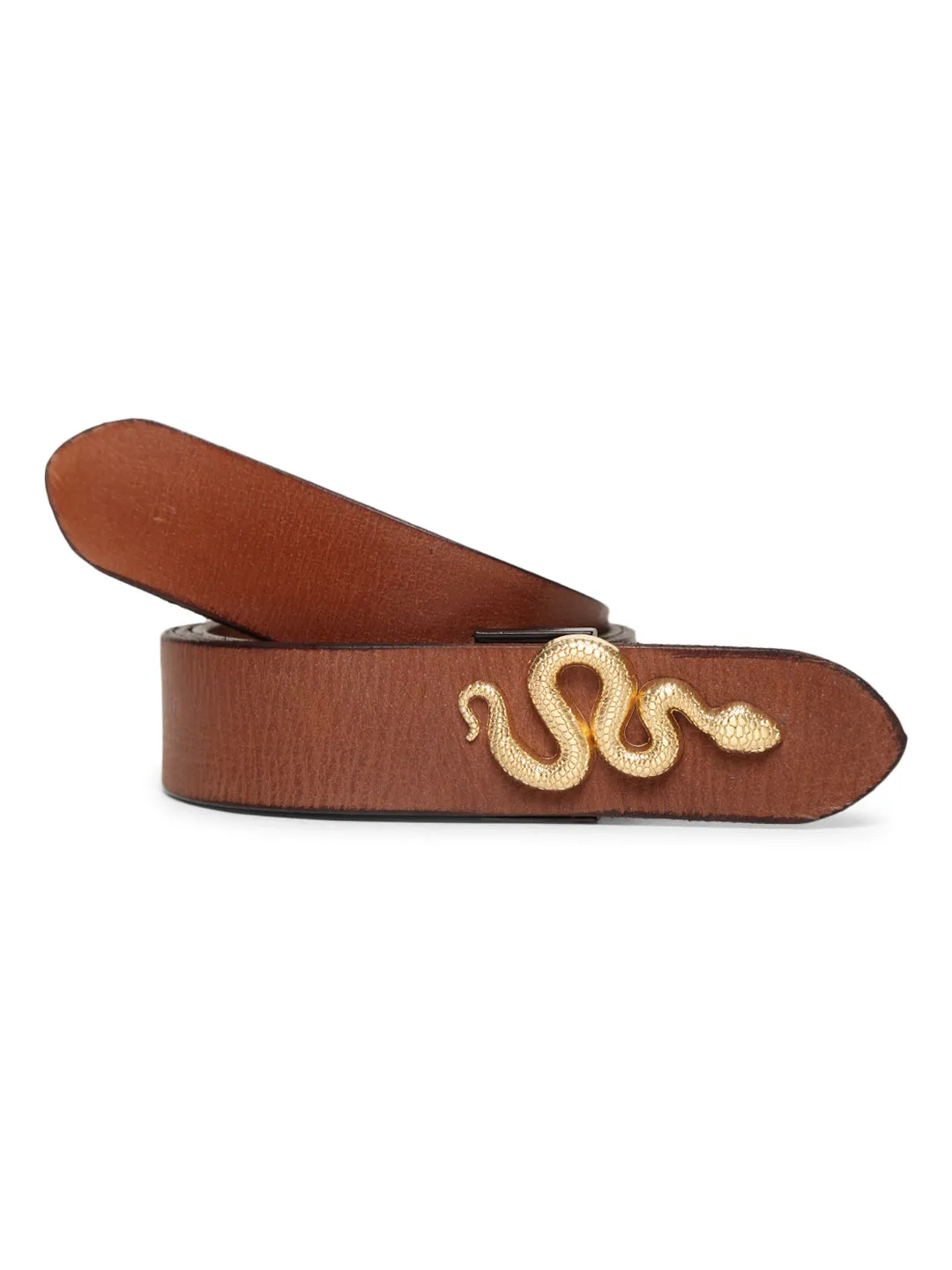 Cognac Plain Belt With Snake-shaped Metal Buckle By Art N Vintage