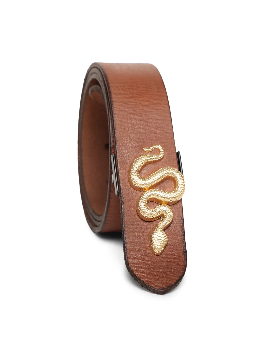 Cognac Plain Belt With Snake-shaped Metal Buckle By Art N Vintage