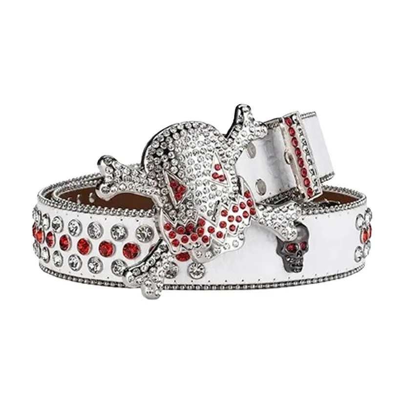 Gengar Metal Buckle White Strap With Crystal & Red Studded Rhinestone Belt