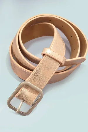 Metallic Square Buckle Faux Rose Gold Leather Belt