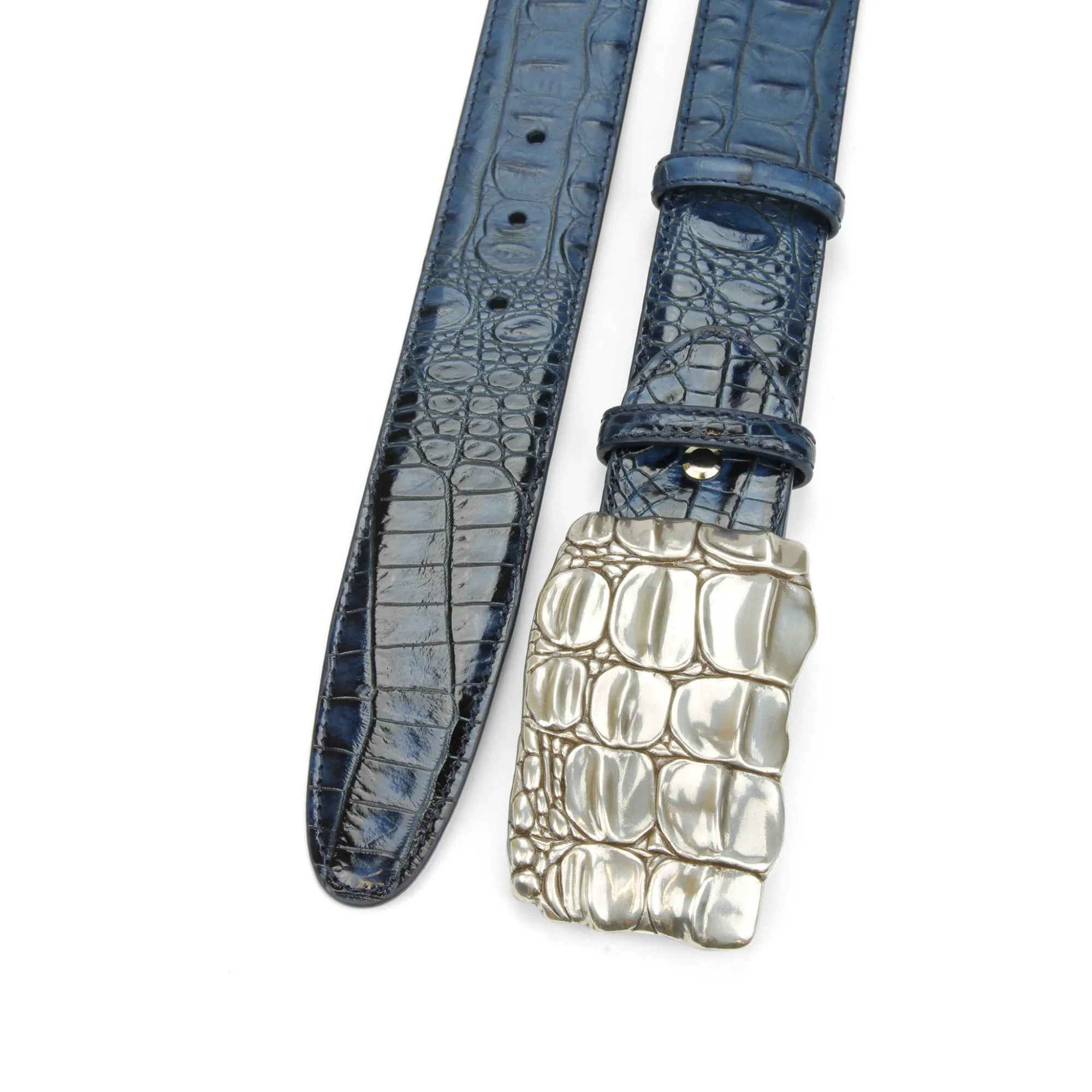 Midnight Blue Mock Caiman Belt With Croc Effect Buckle