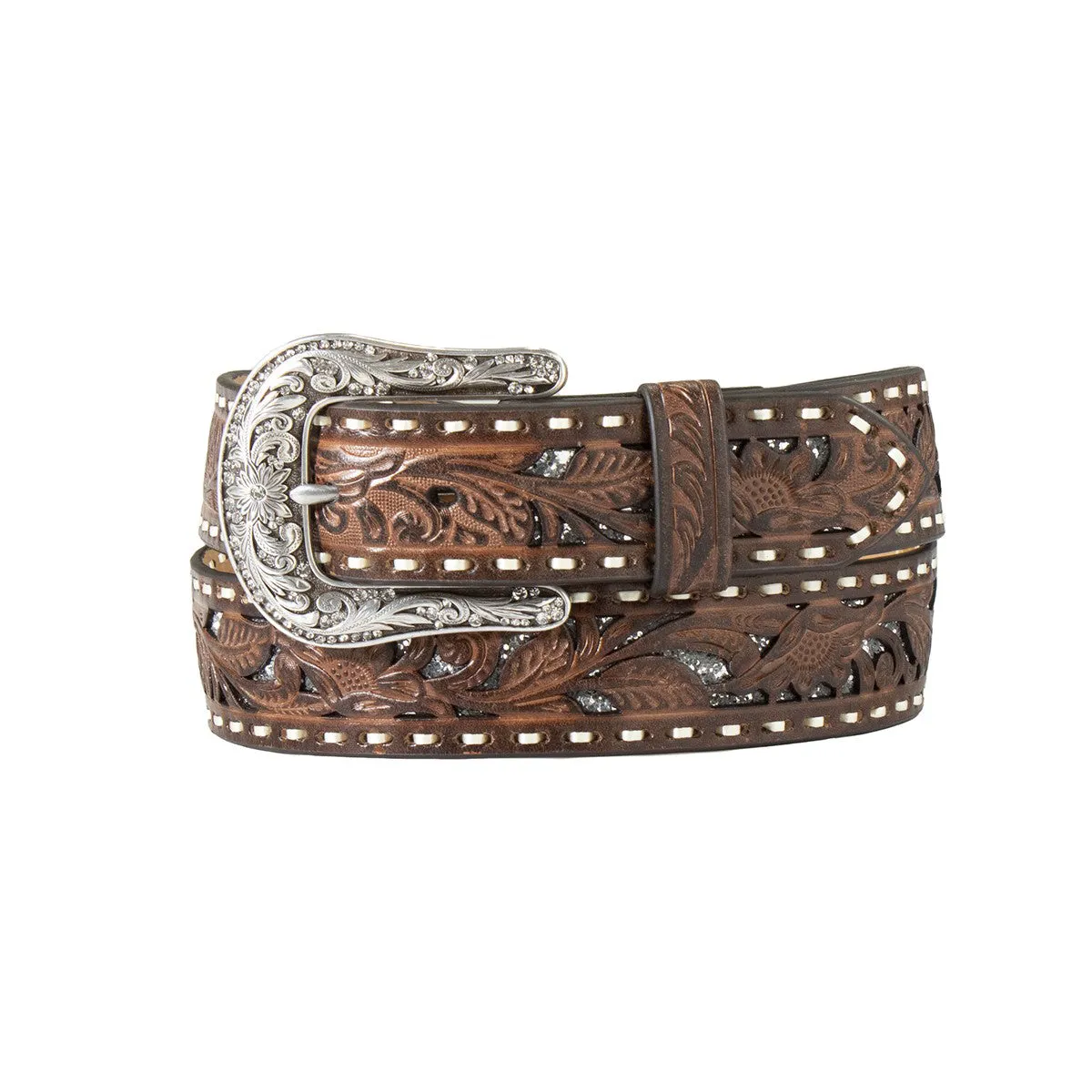 Nocona Ladies Brown Floral Embossed Belt with Silver Glitter Underlay