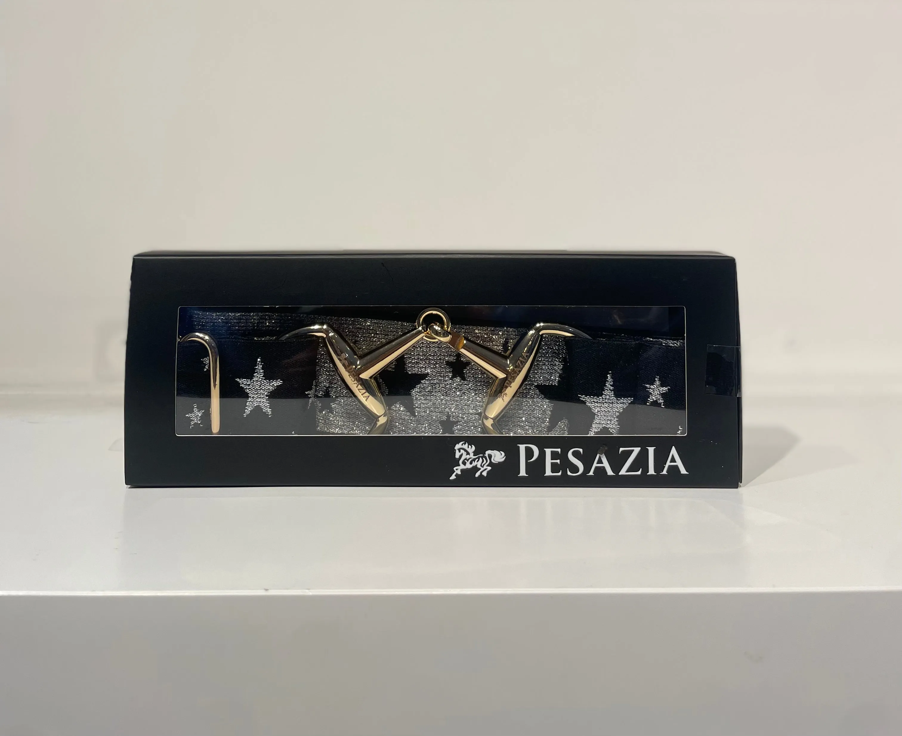 Pesazia - Logo Stretch Bit Belts - Black & Silver Stars w/ Gold Snaffle Bit