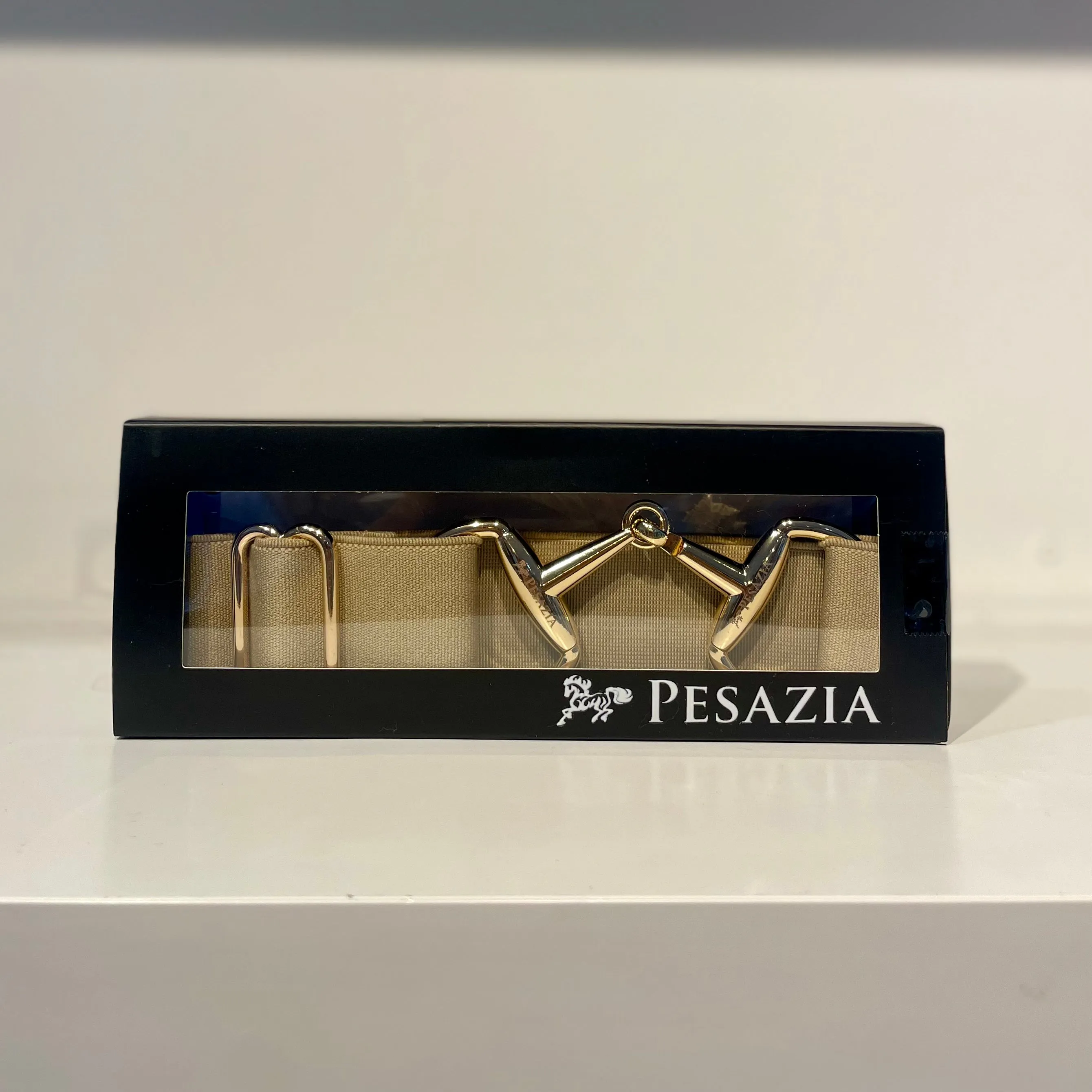 Pesazia - Logo Stretch Bit Belts - Taupe w/ Gold Snaffle Bit