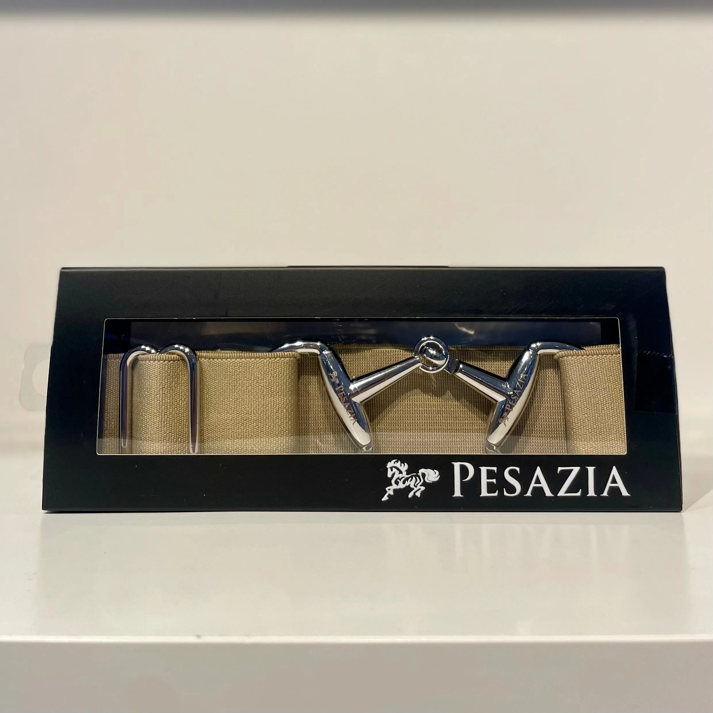 Pesazia - Logo Stretch Bit Belts - Taupe w/ Silver Snaffle Bit