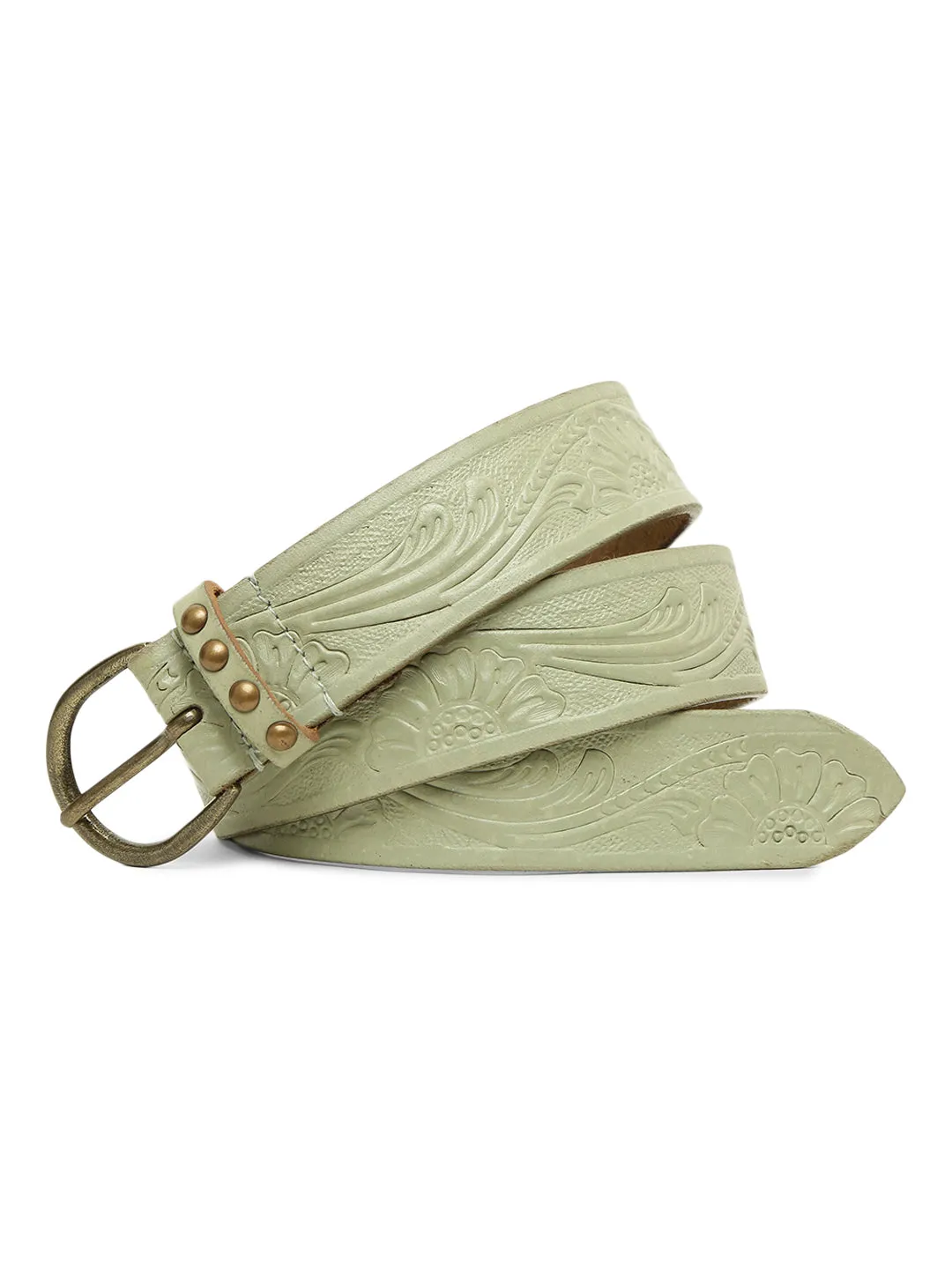 Sage Green Hand-tooled Design Leather Belt