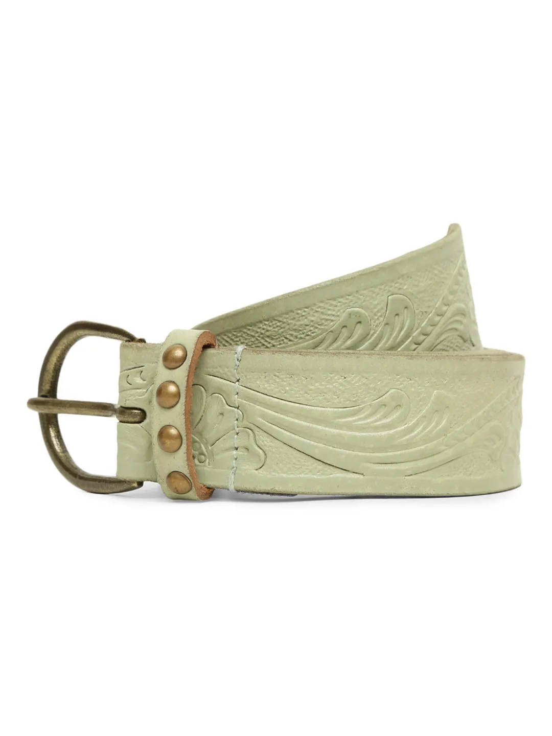 Sage Green Hand-tooled Design Leather Belt