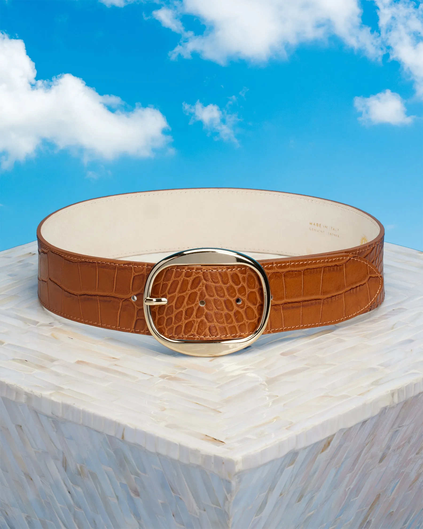 Thornton Wide Leather Belt in Croc-Embossed Honey Tan